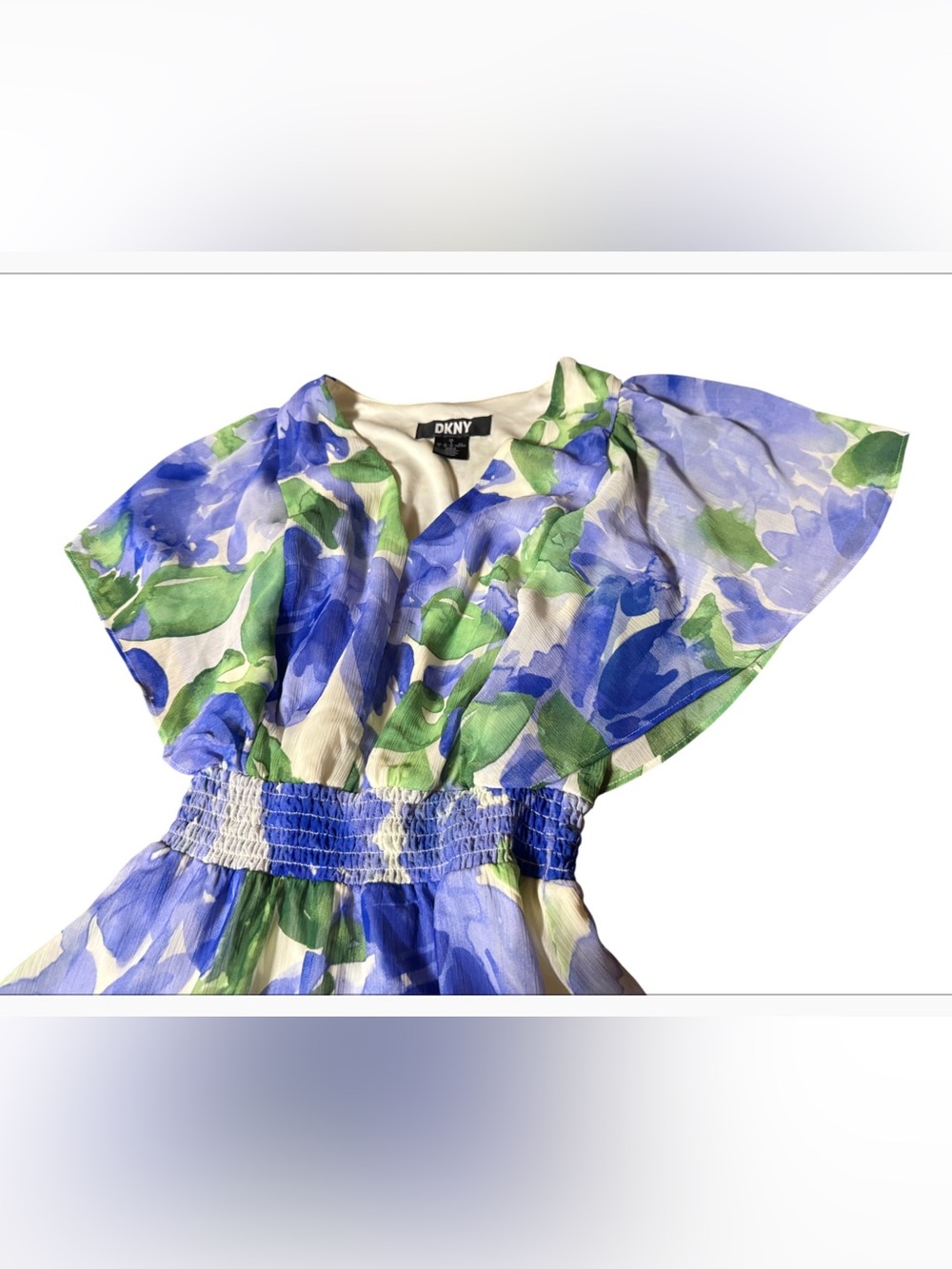 DKNY Floral V-Neck Smocked Waist Flutter Sleeveless Dress Women’s Size 2 - Picture 11 of 16